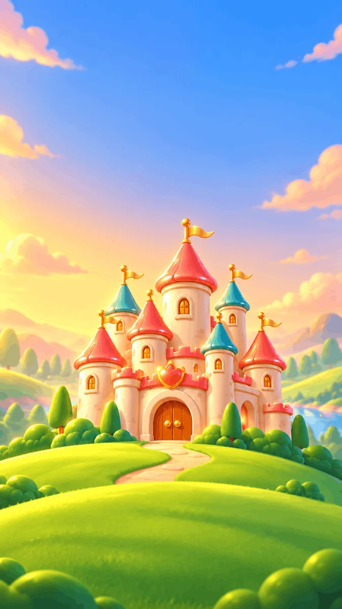 Castle Match title art: a candy-colored castle with coral and teal towers on a green hill