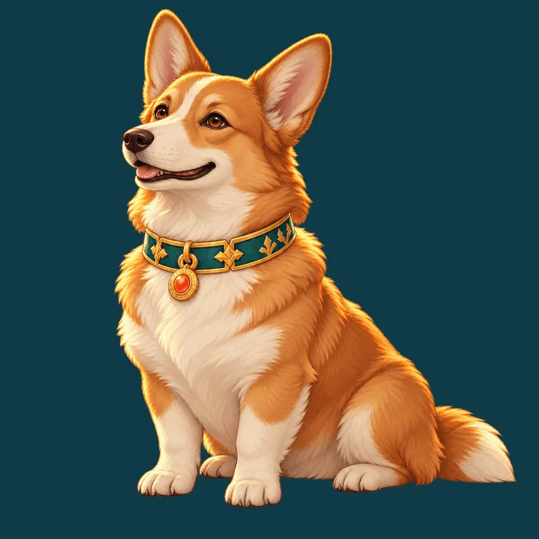 The royal corgi from Castle Match, an adult corgi sitting proudly in a teal collar with a gold medallion