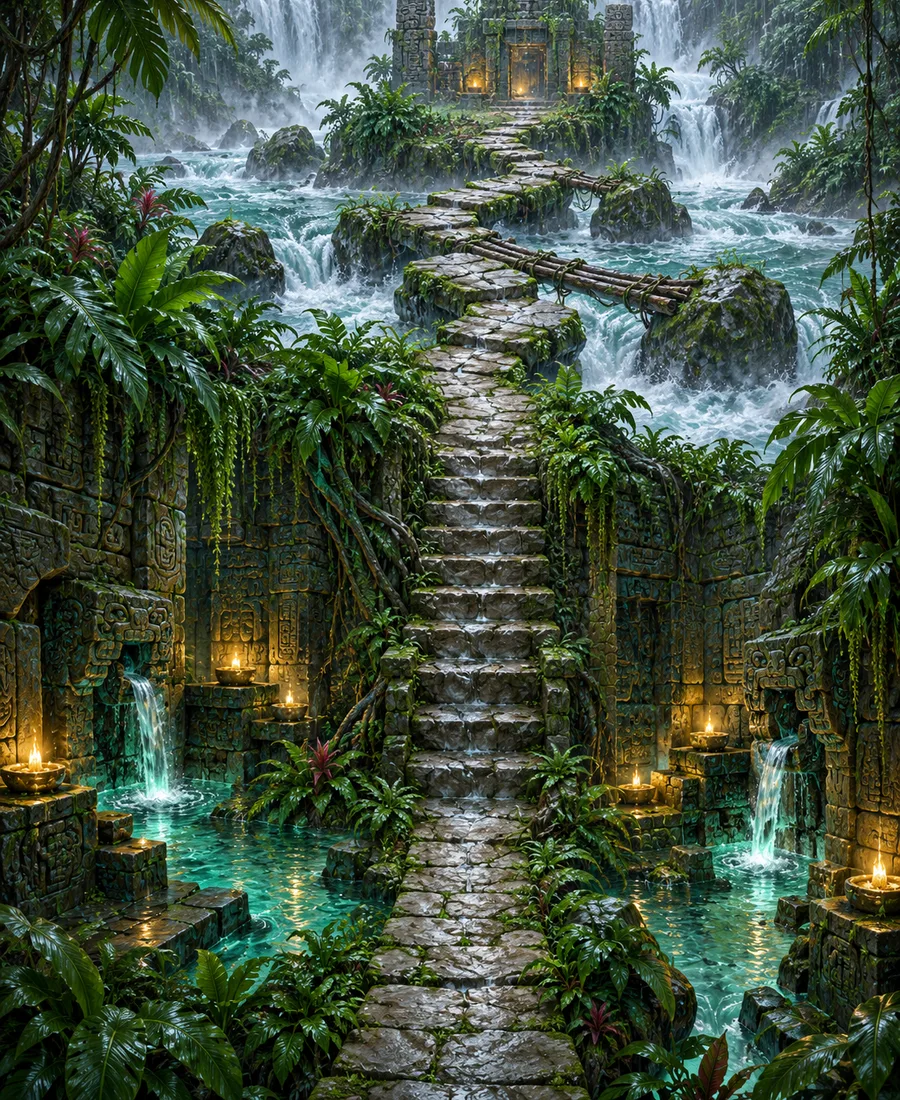 A painted waterfall staircase climbing between misty cliffs, the gateway into Monsoon Crossing