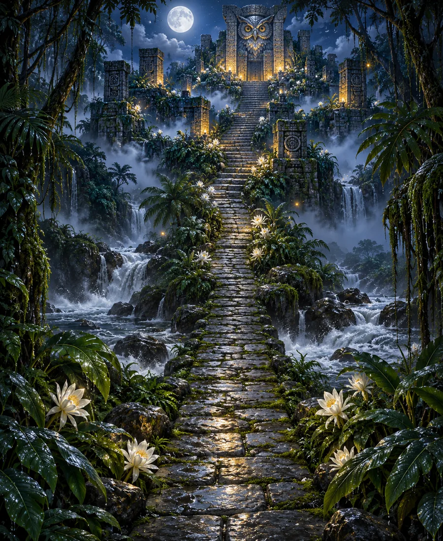 A moonlit stone path leading up through misty jungle toward a glowing temple