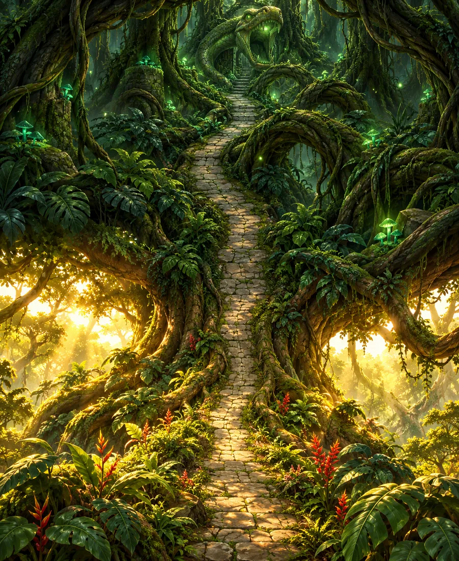 A painted path winding through towering, twisted vine trees lit by golden light