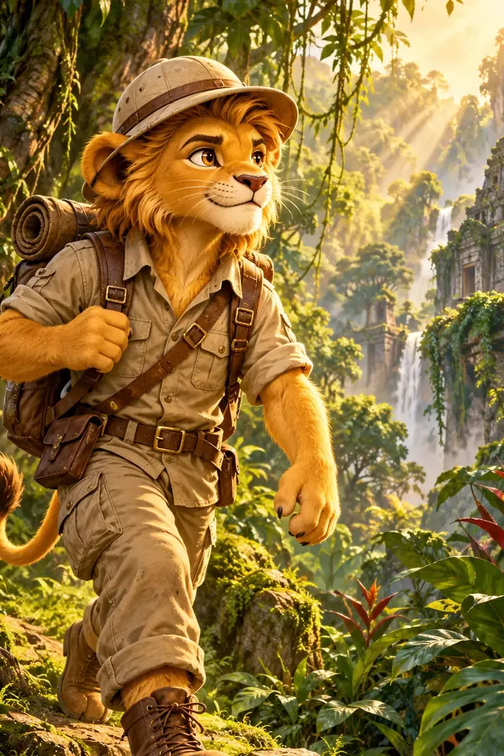 A young lion explorer in a safari hat and backpack sets off along a sunlit jungle trail