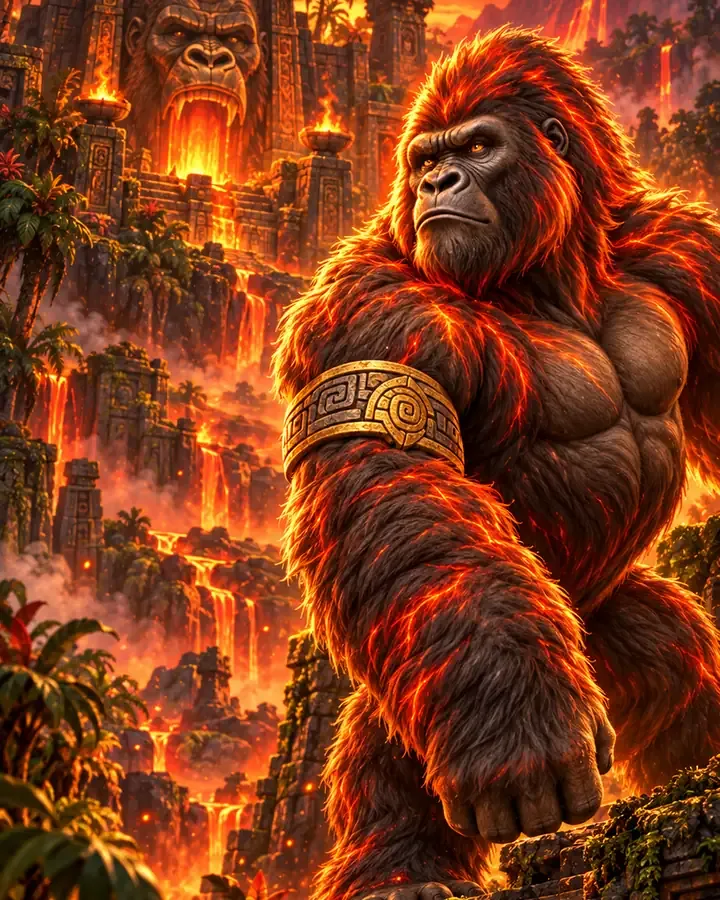The Ember Gorilla Guardian, a painted gorilla glowing with ember light before a fiery shrine