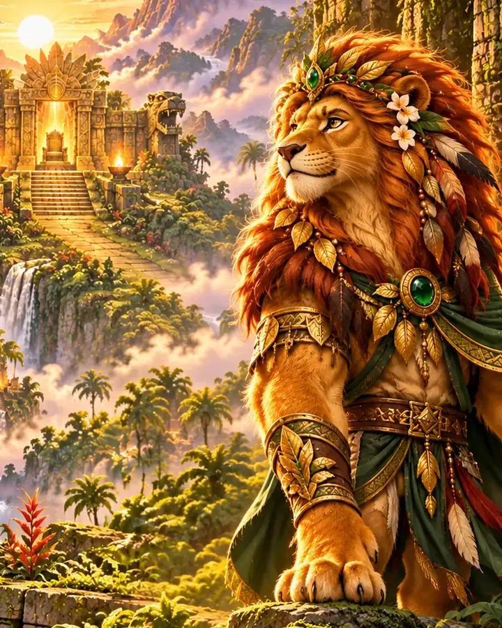 The Jungle Sovereign, a painted lion king in gold armor, standing before a sunlit jungle temple