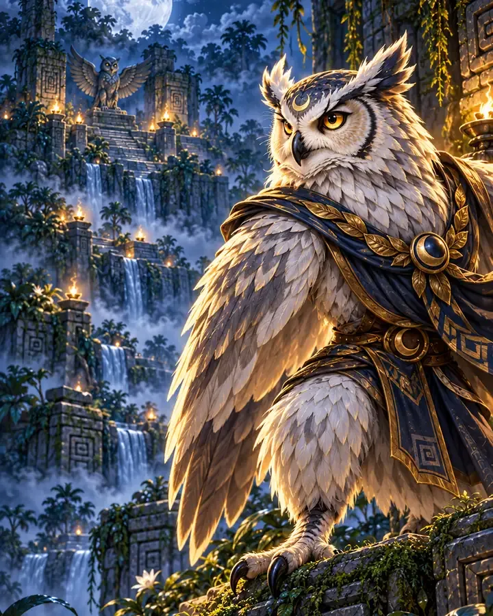 The Moon Owl Guardian, a pale painted owl in a dark cloak under a moonlit jungle sky