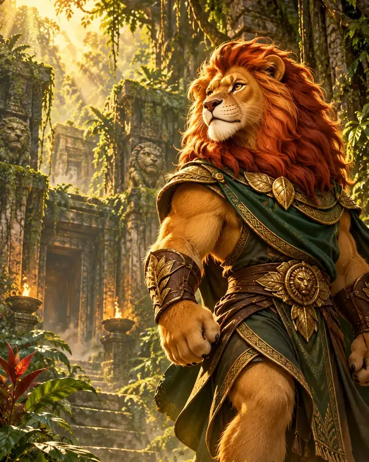 The Stone Lion Guardian, a painted lion warrior in bronze armor, standing in jungle ruins
