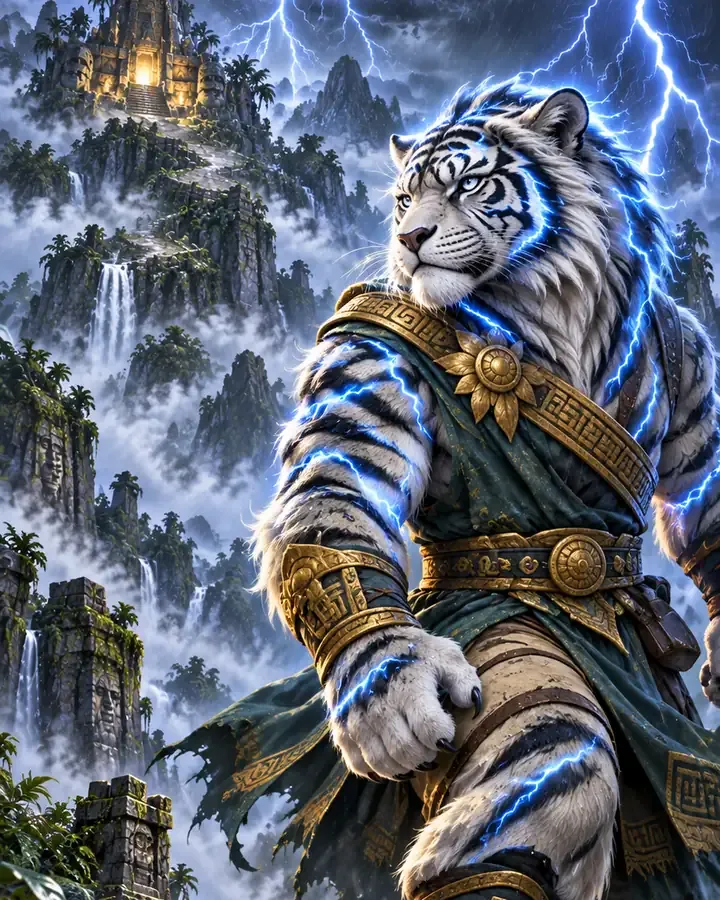The Storm Tiger Guardian, a white tiger in armor, standing on a rocky peak under lightning