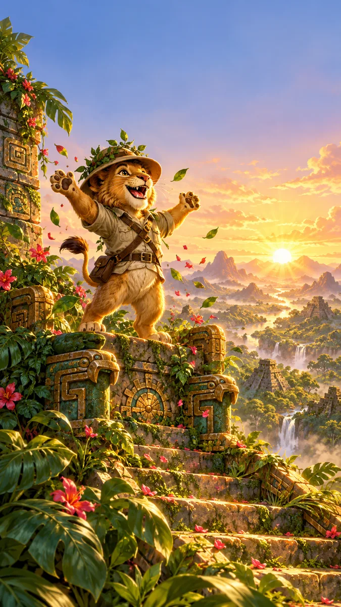 A young lion explorer in a safari hat cheers at a sunlit summit at the end of the Jungle Trail
