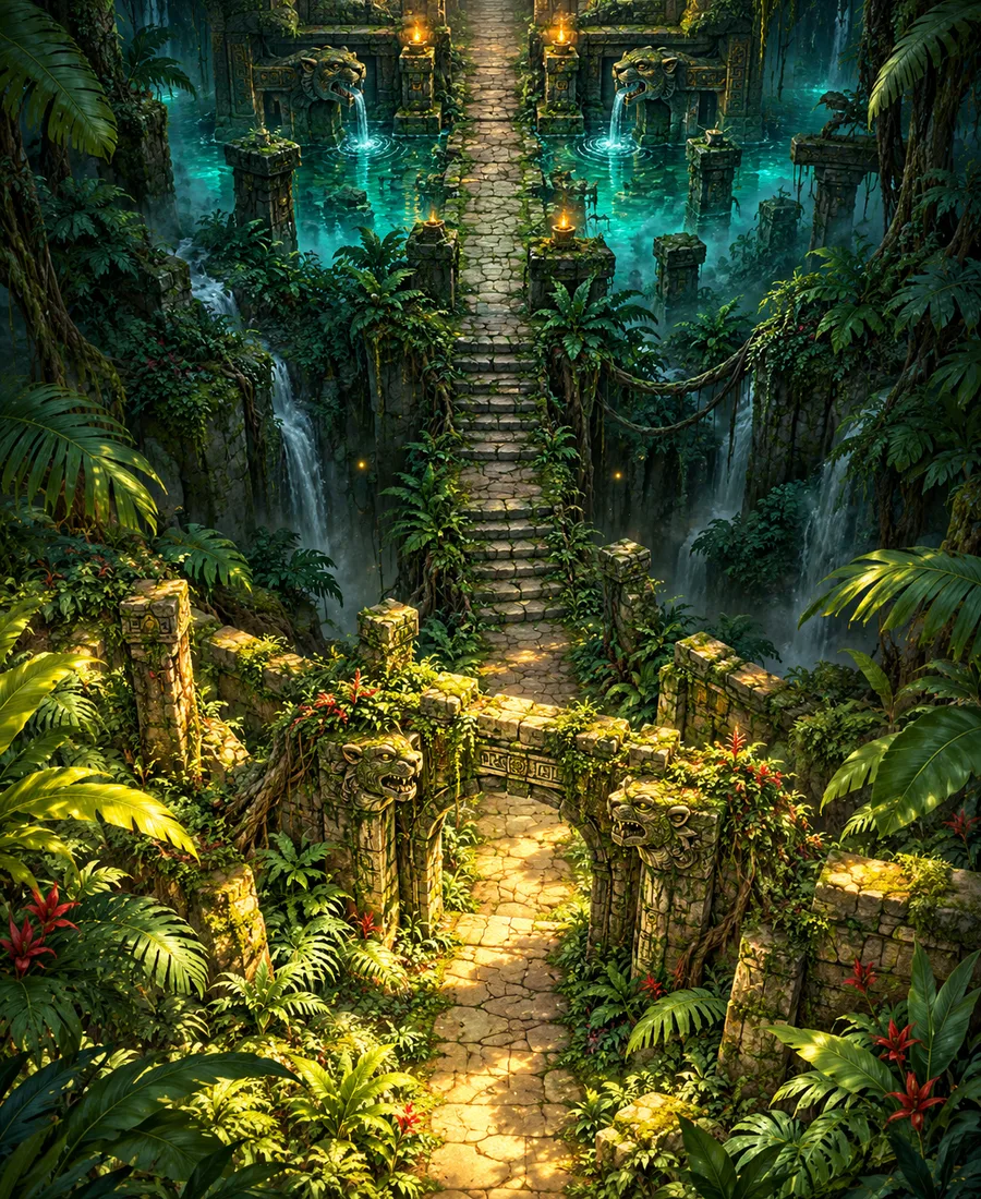 A painted stone stairway climbing through a glowing jungle gateway toward ancient ruins