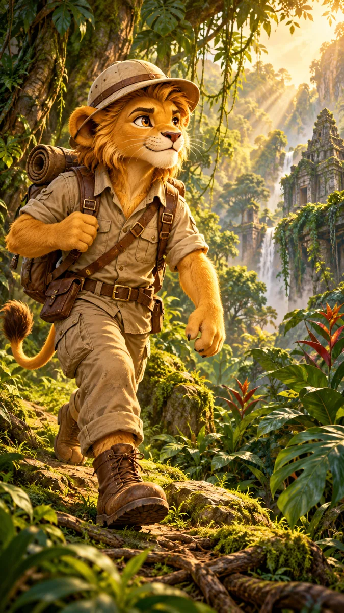 A young lion explorer in a safari hat strides through a sunlit jungle, ready for a solo duel