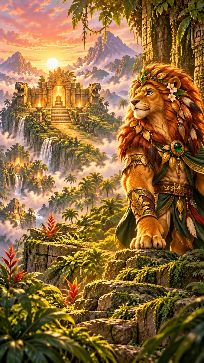 The Jungle Sovereign, a painted lion in golden armor, posed for a head-to-head duel intro