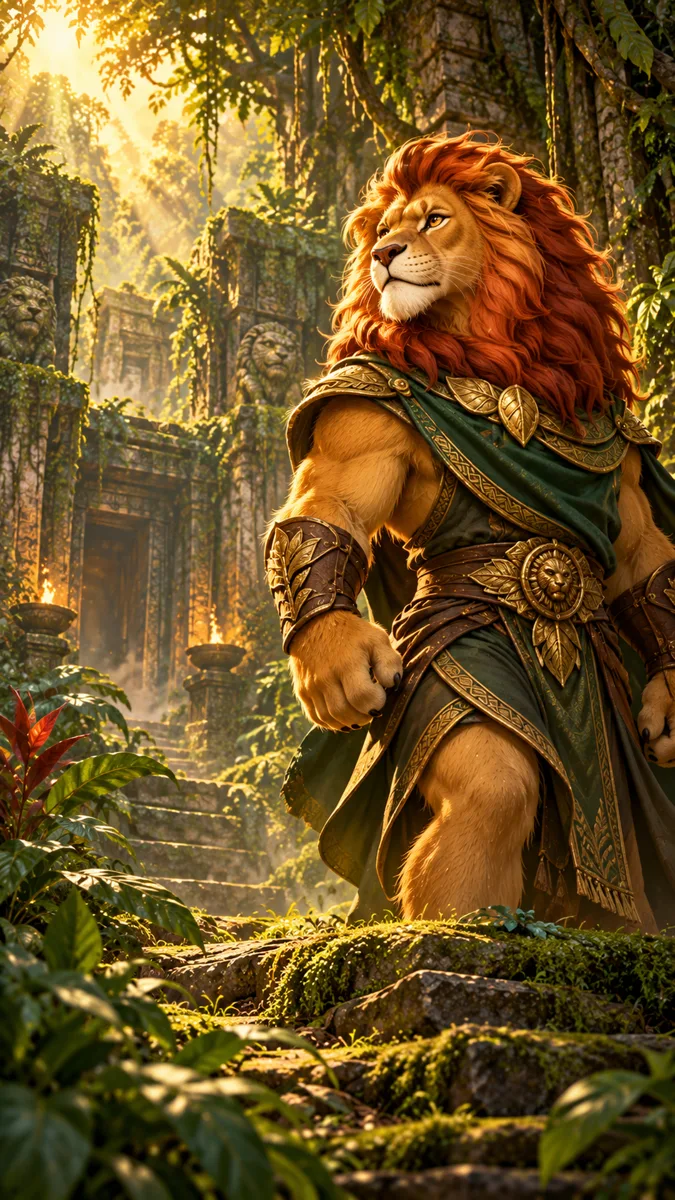 The Stone Lion, a painted lion warrior in armor, standing in sunlit jungle ruins