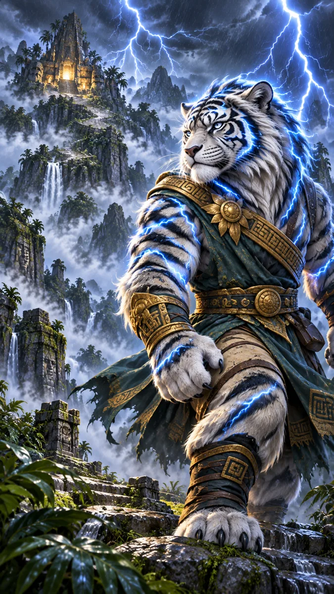 The Storm Tiger, a painted white tiger in armor, standing on a rocky peak under lightning