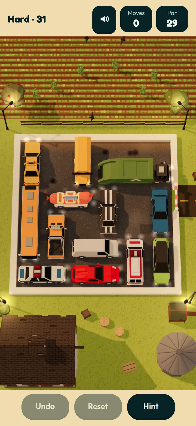 A crowded Bumper 2 Bumper parking lot next to a farm, with moves and par shown at the top