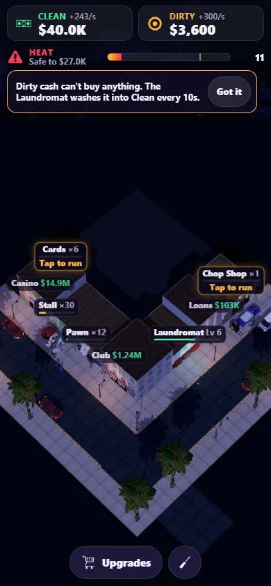 A Corner Boss screenshot of front businesses on the block