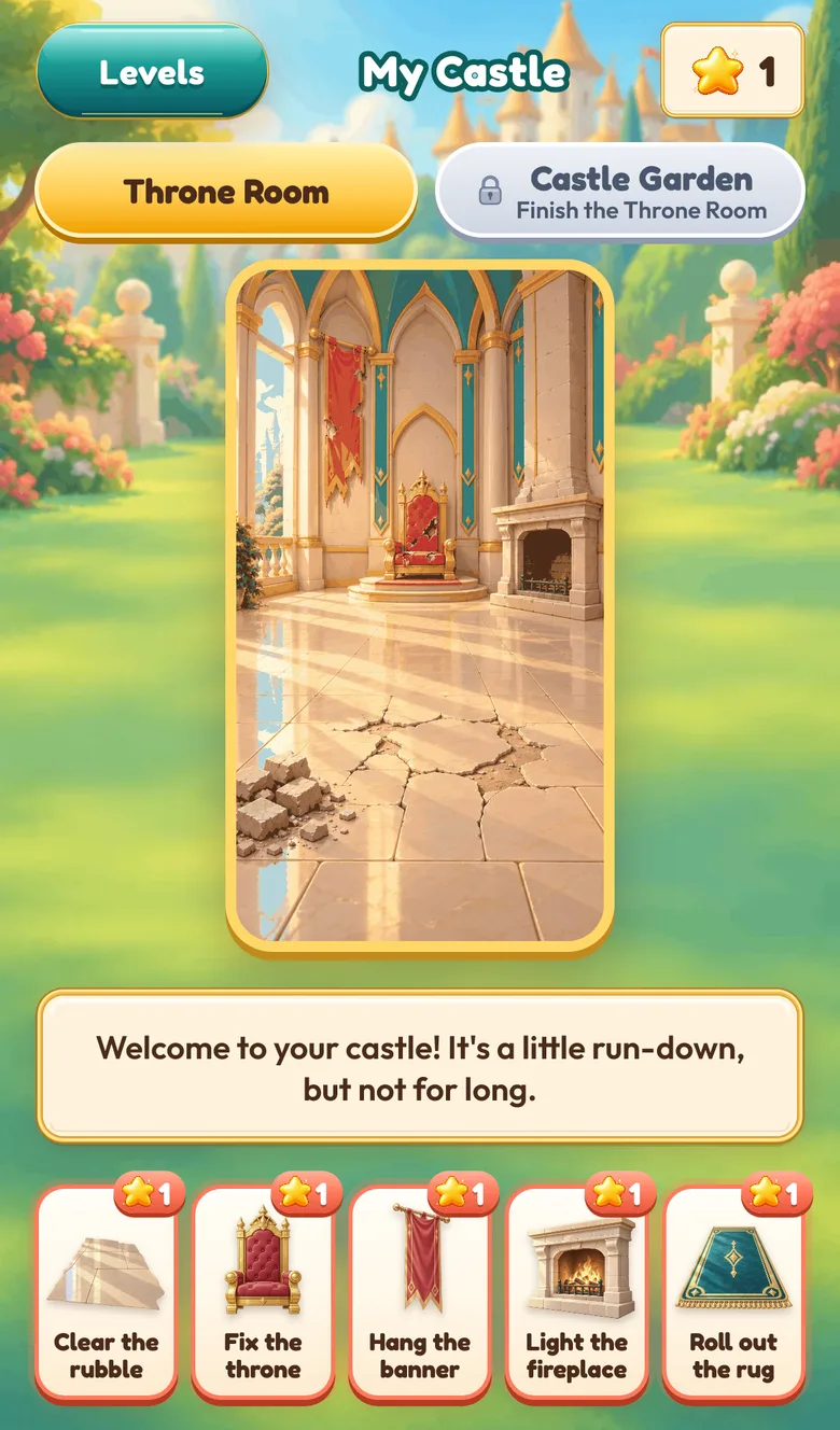 The Crown Trouble castle screen: the Throne Room, a star to spend, and five jobs to fix it up