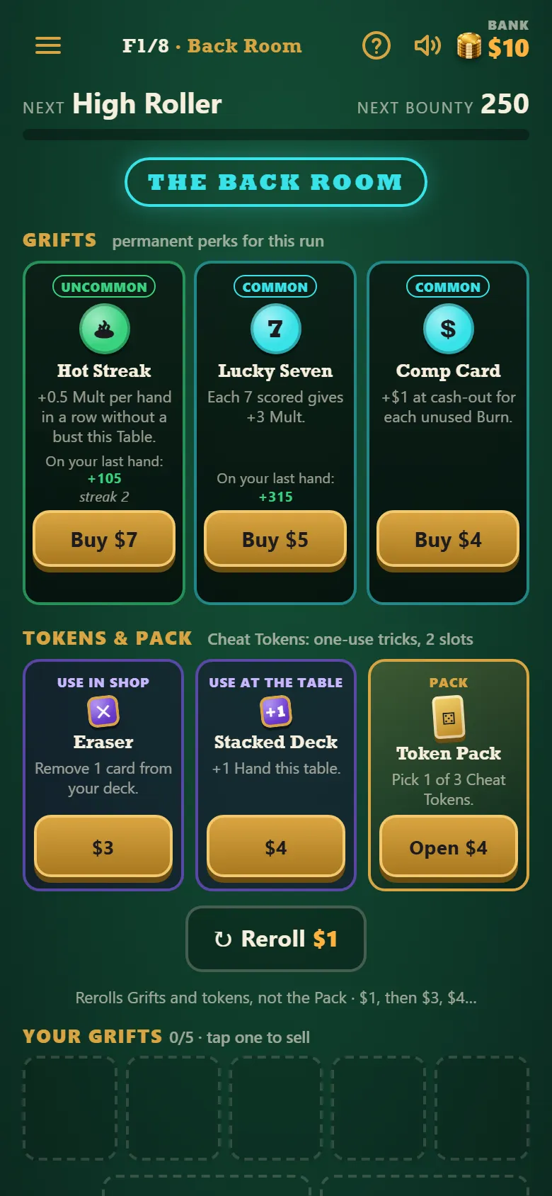 A blackjack hand against the dealer’s upcard in Double Bust