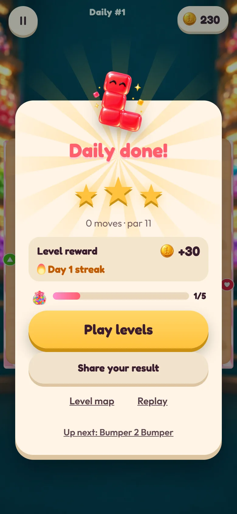 The Gummy Getaway Daily done card with three stars, a coin reward, a Day 1 streak and buttons to play levels or share the result