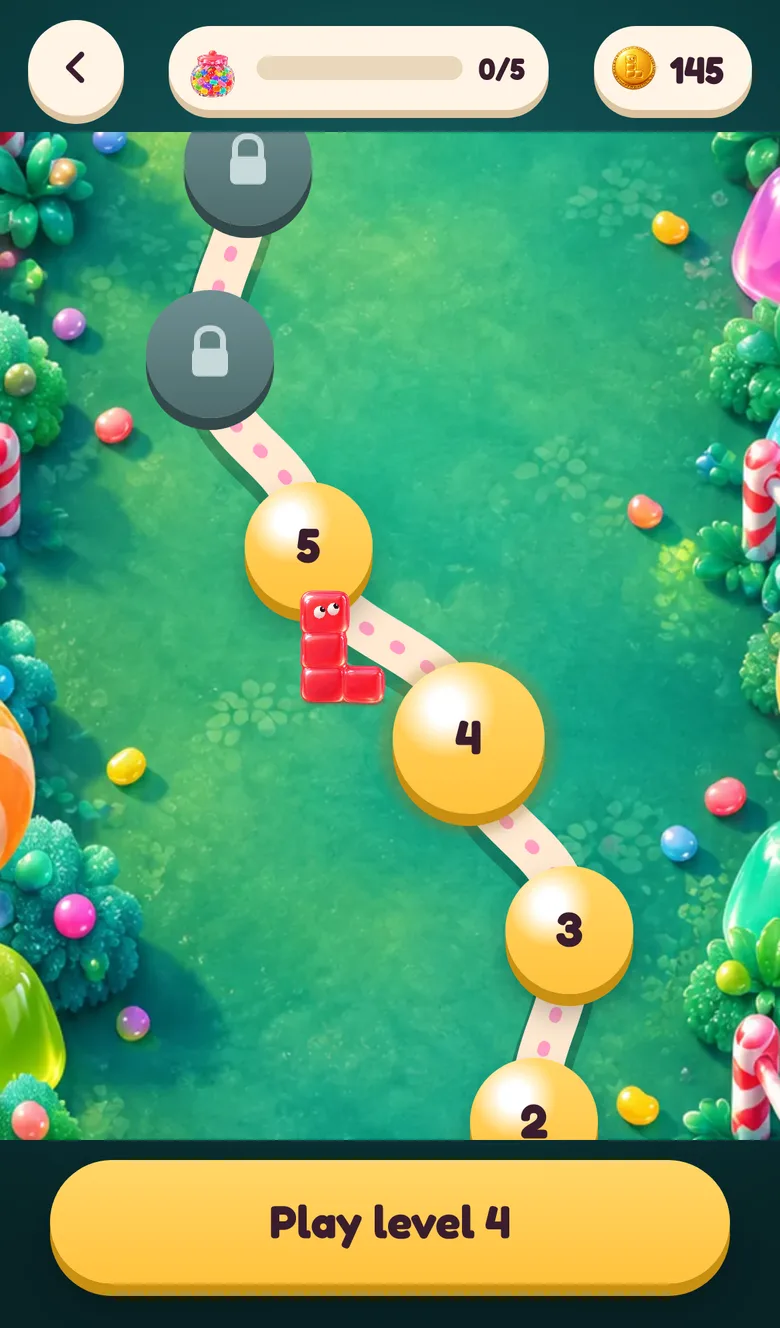 The Gummy Getaway candy map with level nodes along a winding path