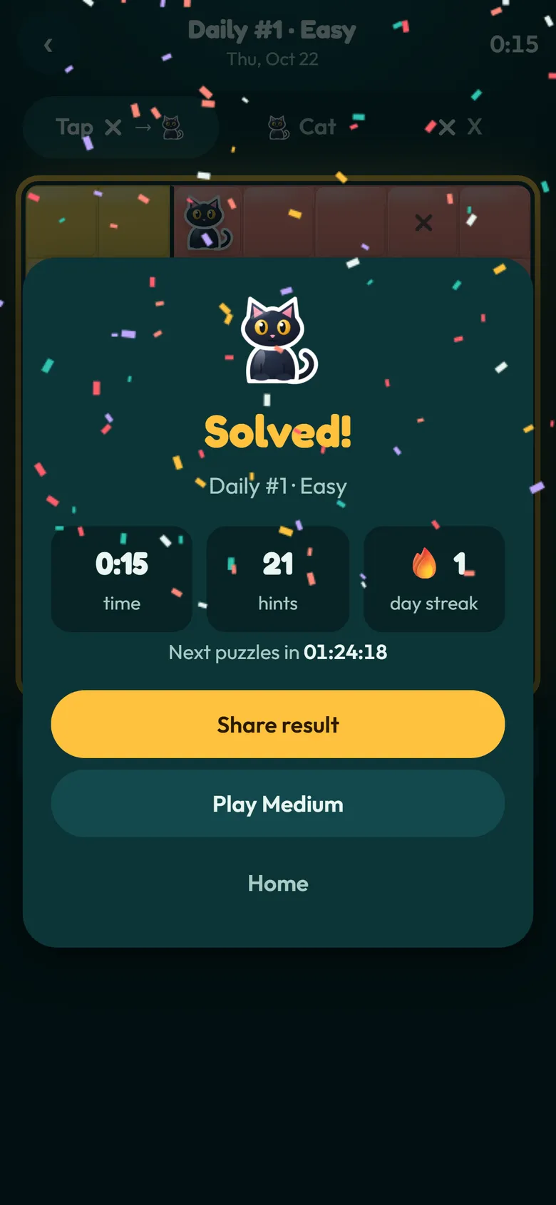 A Paws & Plots win screen reading Solved, with the solve time and the streak
