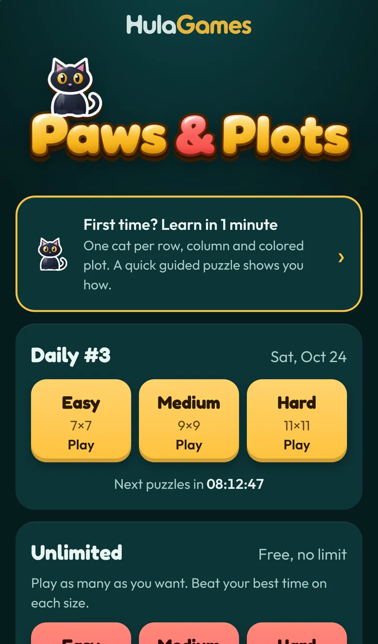 The Paws & Plots home screen with the day's Easy, Medium and Hard Dailies and an Unlimited mode card